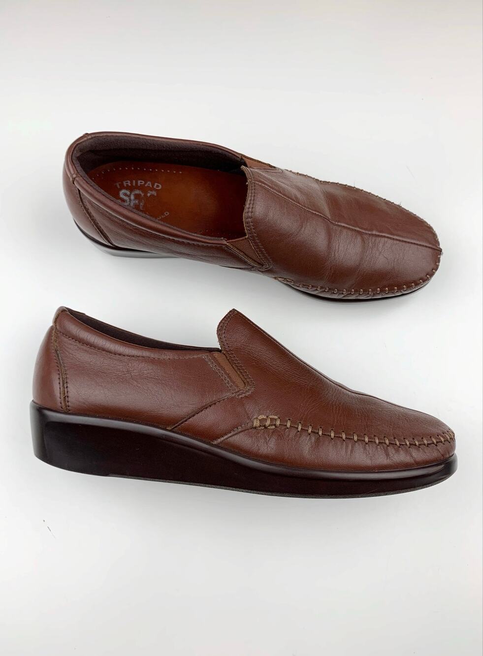 SAS Dream Brown Leather Loafers Slip On Tripad Comfort Shoes Wedge Heel Womens 8